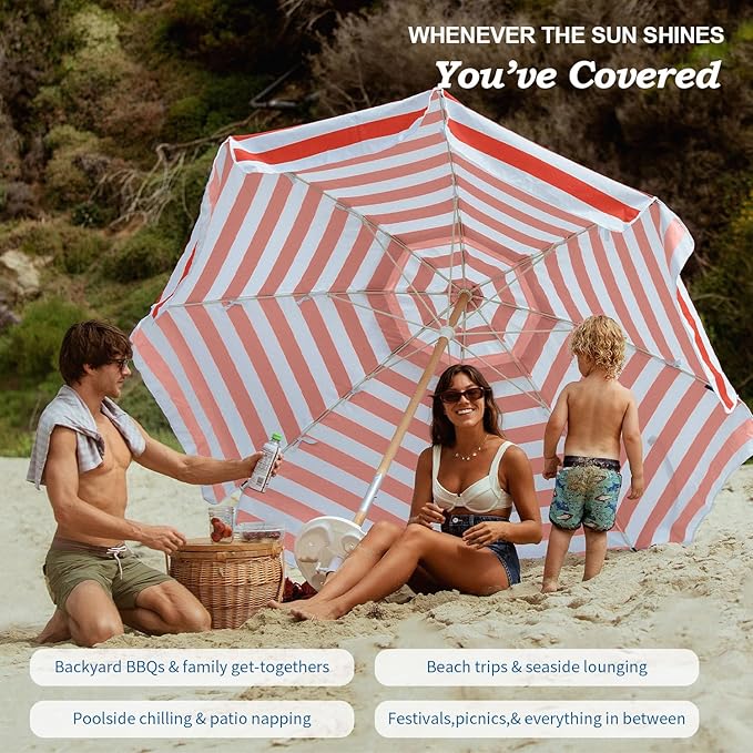 AMMSUN 7.5ft Heavy Duty HIGH Wind Beach Umbrella Commercial Grade Patio Beach Umbrella with Air Vent Ash Wood Pole & Carry Bag UPF50+ Protection Red White