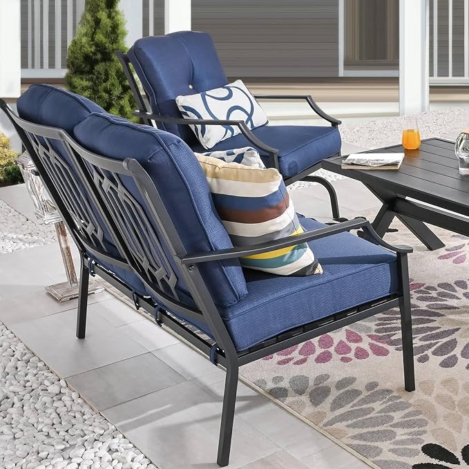 Patio Conversation Set 4 Pieces Metal Outdoor Furniture Sets Outside Loveseat with Rocking Chairs Coffee Table Thick Cushions (Blue)