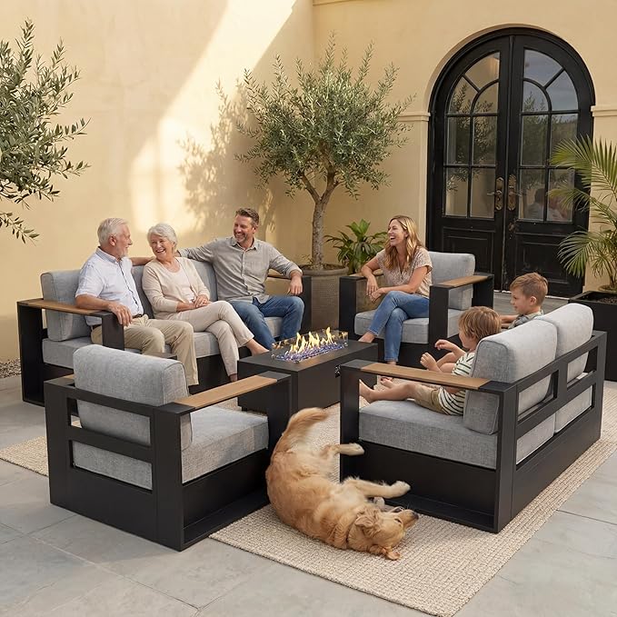 Aluminum Patio Furniture Set, 7 Seats Luxury Seating Furniture with 42" Fire Pit Table, All Weather Outdoor Conversation Sets with 6" Thickened Cushions