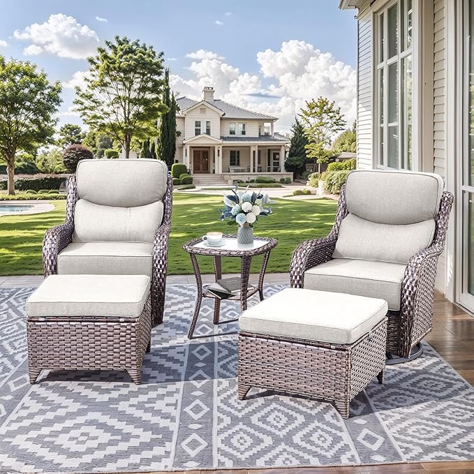 HUMMUH 3PCS Patio Furniture Set with 6-inch Thick Cushion, High Back Outdoor Swivel Rocker Patio Chairs, Wicker Conversation Set for Porch Deck and Poolside(V3)