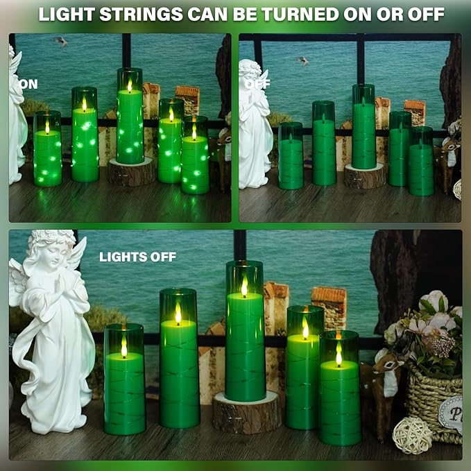 Nimiko Flickering Flameless LED Candles,Battery Operated Candles 9 Pcs with Embedded Star String,Acrylic LED Pillar Candles with Remote,Suitable for Home Decoration to Create an Atmosphere (Green)