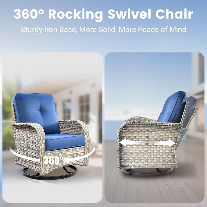 Swivel Patio Chairs Set of 2, Outdoor Wicker Rocker Glider Chair with Coffee Table, Modern Comfy Patio Furniture Sets for Porch Balcony Sunroom, Navy Blue