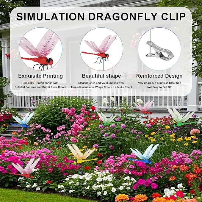 24pcs Dragon Fly Clips for Bugs Repel Lent - Lifelike Outdoor Decorative Dragonflies for Patio, Porch, Plants, Yard and Backpack, Waterproof Summer Garden Ornaments