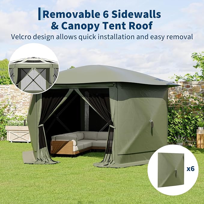 GarveeLife 13x13FT 6-Sided Pop Up Gazebo Tent，One-Push Setup Canopy Tent with Removable Canopy Top & Wind Cloths, Outdoor shelter for Camping, Backyard Parties, Outdoor Events - Army Green