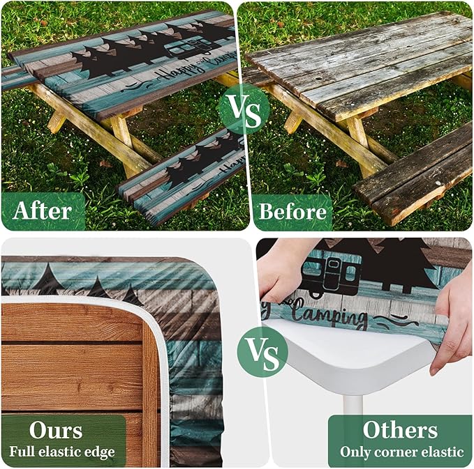 Picnic Table Cover with Bench Covers Elastic Edges, Teal Camper Fitted Table Cover, Outdoor Patio Camping Essentials 72 Inch 3PCS, Waterproof Camping Fitted Tablecloth with Drawstring Bag