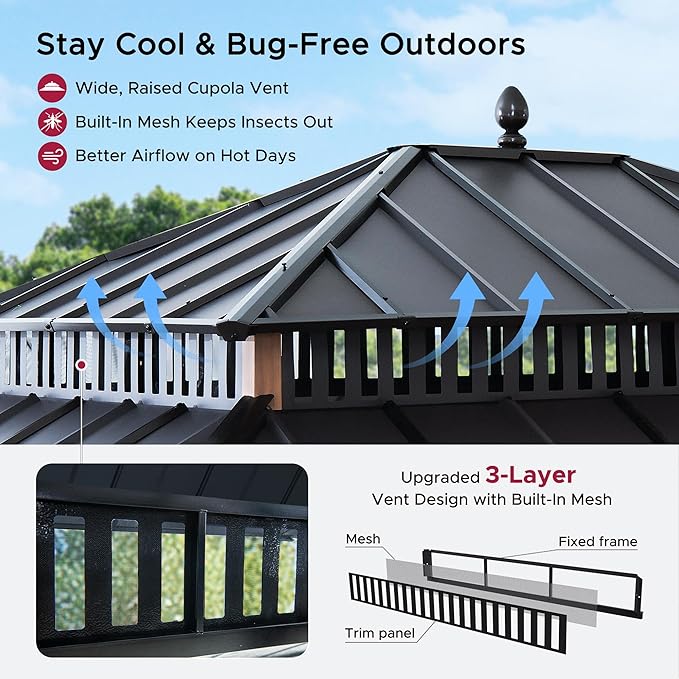 SUNJOY Kingston 14' x 12' Hardtop Gazebo with Curtain, Netting and Galvanized Steel Double Roof, Woodgrain Finish Aluminum Posts Permanent Pavilion Gazebo for Garden, Patio, Deck, Lawn