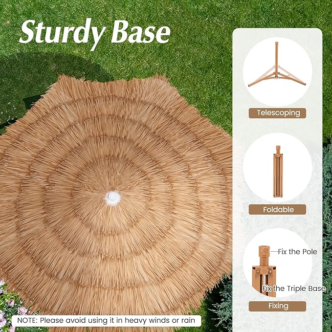 6.5Ft Tiki Umbrella Outdoor Patio, Hawaiian Hula PP Grass Umbrella with Tilt Design, 8 Ribs, Carry Bag & Foldable Base, Thatch Umbrella for Patio, Garden & Pool