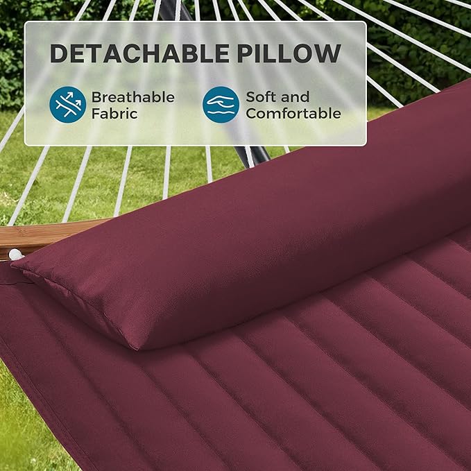 SUPERJARE Curved-Bar Hammock with Stand, 2 Person Heavy Duty Hammock Frame, Detachable Pillow & Portable Carrying Bag, Perfect for Outdoor & Indoor, Burgundy
