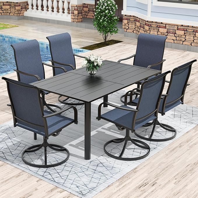Anmutig 7-Piece Outdoor Patio Dining Set with 6 Swivel Chairs, Outdoor Furniture Steel Frame Slat Rectangular Table with 1.57" Umbrella Hole for Backyard, Blue