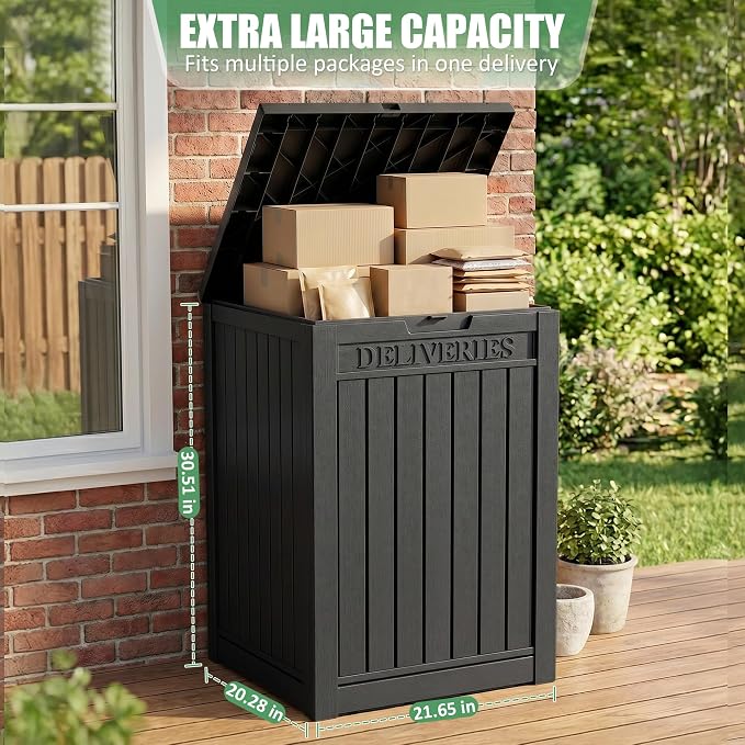 EasyUp Package Delivery Boxes for Outside, 55 Gallon Outdoor Parcel MailBox Drop Storage Deck Box Secure Resin Waterproof Lockable UV Resistant Patio Porch Mail Black