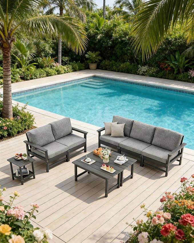 HDPE Outdoor Patio Furniture Set with Cushions, 8 Piece Patio Conversation Set Sofa Set,All Weather Outdoor Couch Set with Coffee Table for Lawn, Garden, Deck