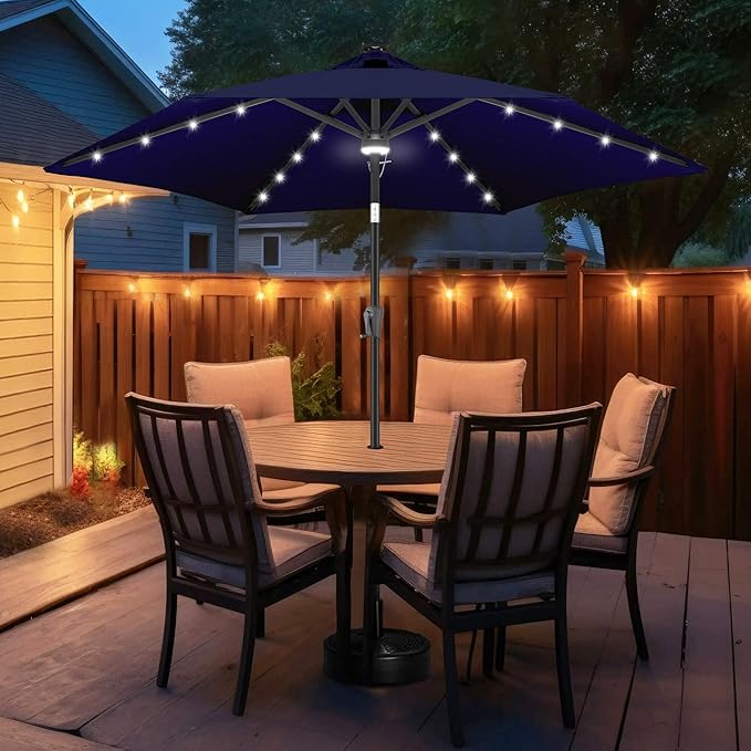 FLAME&SHADE 10ft Solar Outdoor Umbrella - 24 LED Lighted Patio Umbrella with Centre Surround Light, Table Umbrellas with Tilt & Crank for Pool, Porch, Garden, Deck, Backyard UV Protection (Navy Blue)