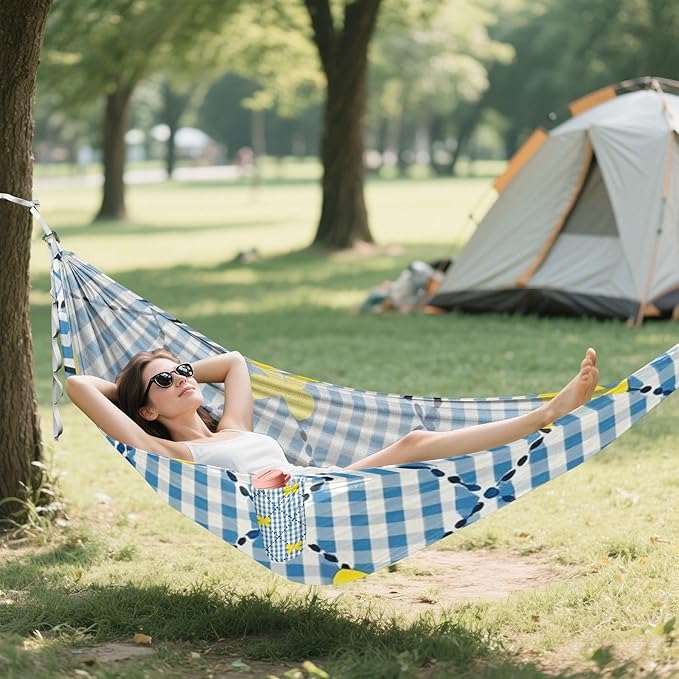 Yellow and Blue Bow Check 330lb Capacity Hammocks Backyard Hammock for Patio Backyard Lounge Base Base para hamacas para adultos