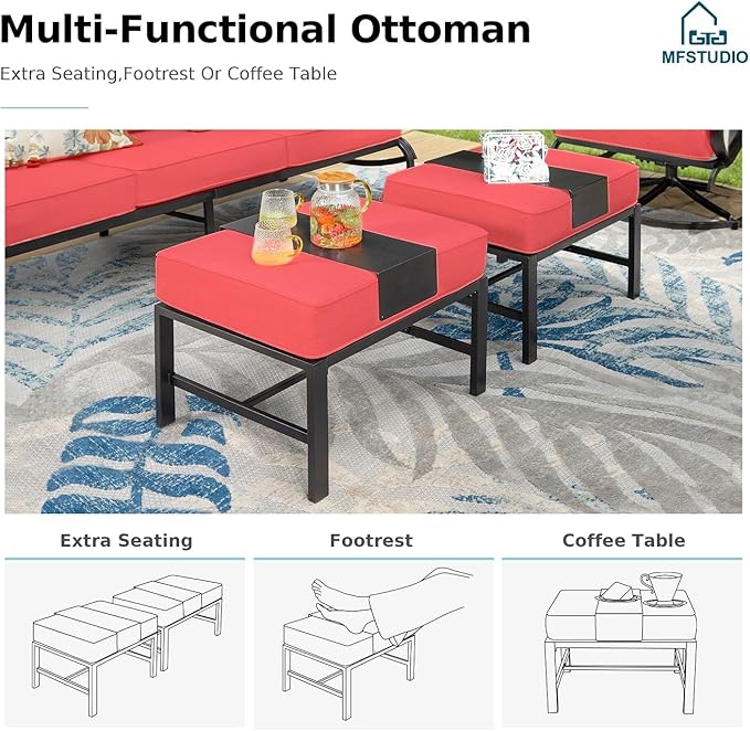 MFSTUDIO 6 Pieces Patio Furniture Sets with 45" Gas Fire Pit Table(Up to 7 Seat), Outdoor Metal Frame Patio Conversation Sofas with 1 x 3-Seat Sofa, 2 Sofa Chairs and 2 Ottoman, Burgundy Cushion