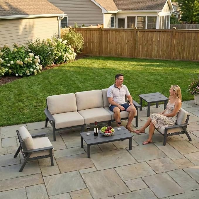 Kingdura HDPE Patio Furniture Set, 9 Piece Outdoor Sectional Sofa with Coffee Table, All Weather Outdoor Couch Conversation Set with Washable Cushions for Backyard Poolside Balcony
