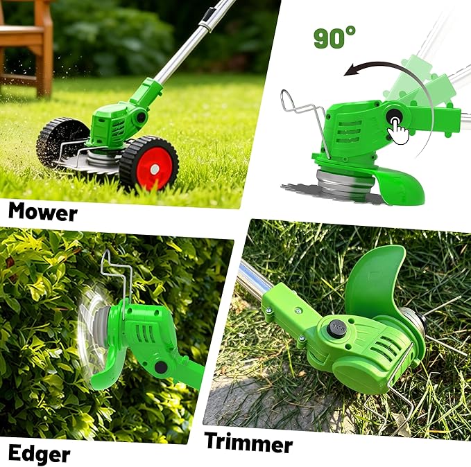 Cordless Weed Wacker Electric Eater Battery Powered 21V x 2 Battery Operated Stringless Weed Trimmer 3-in-1 Grass Trimmer/Lawn Edger/Brush Cutter with 4 Types Blades & Wheels for Garden Yard