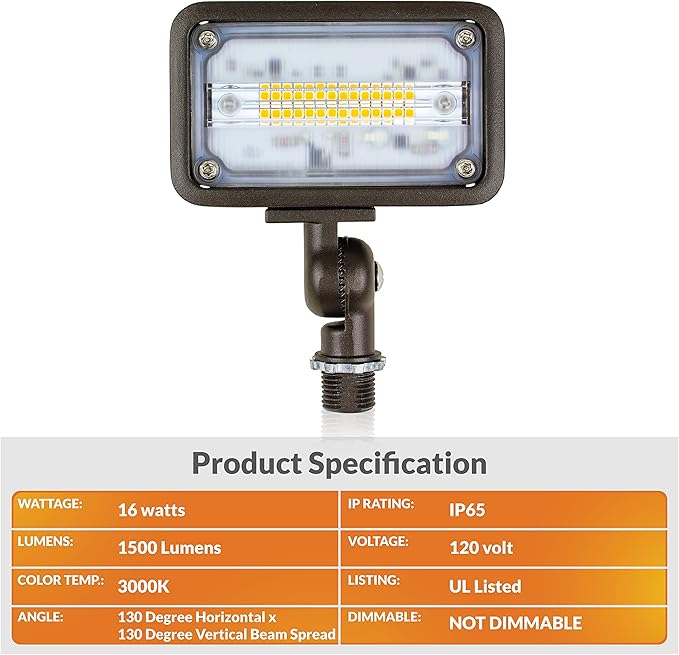Newhouse Lighting WW15BRZ 16-Watt Outdoor Die-Cast Aluminum LED Wall Wash Flood, Weatherproof Landscape Lighting 1500 Lumens, 3000K Warm White, 120V, 1/2" Knuckle Mount, Bronze