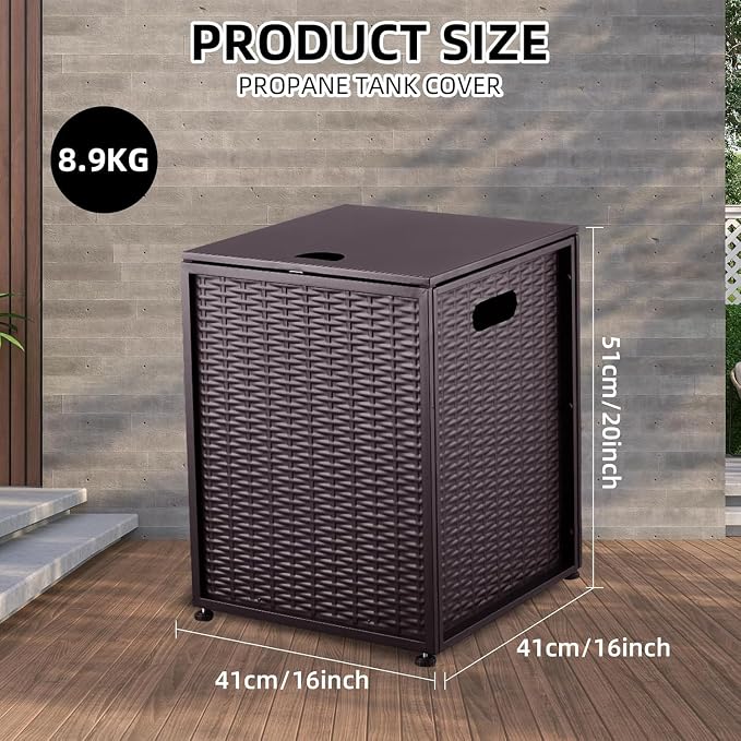 20 LB Propane Tank Cover Table with Side Handles，Sturdy 16 Inch Propane Tank Holder with Adjustable Foot Pads，Outdoor Gas Tank Cover for Patio, Deck & Backyard（Brown）