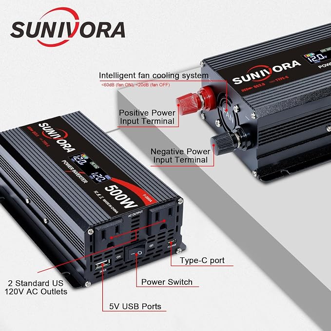500 Watt Car Power Inverter 12V DC to 110V/120V AC Converter 1000W Peak with LCD Display, 2 AC Outlets & PD Type-C & USB 3.0, Car Plug in Adapter Outlet Supplies Power to Appliances on Car Boat