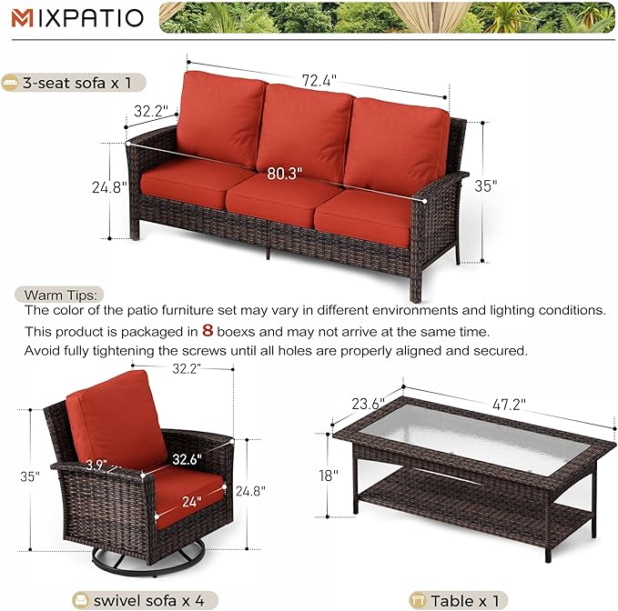 6-Piece Wicker Patio Furniture Set with Swivel Chairs, High Back Outdoor Sofa with 5.5-inch Thick Cushion, All-Weather Wicker Patio Conversation Set for Deck Yard Pool, Red