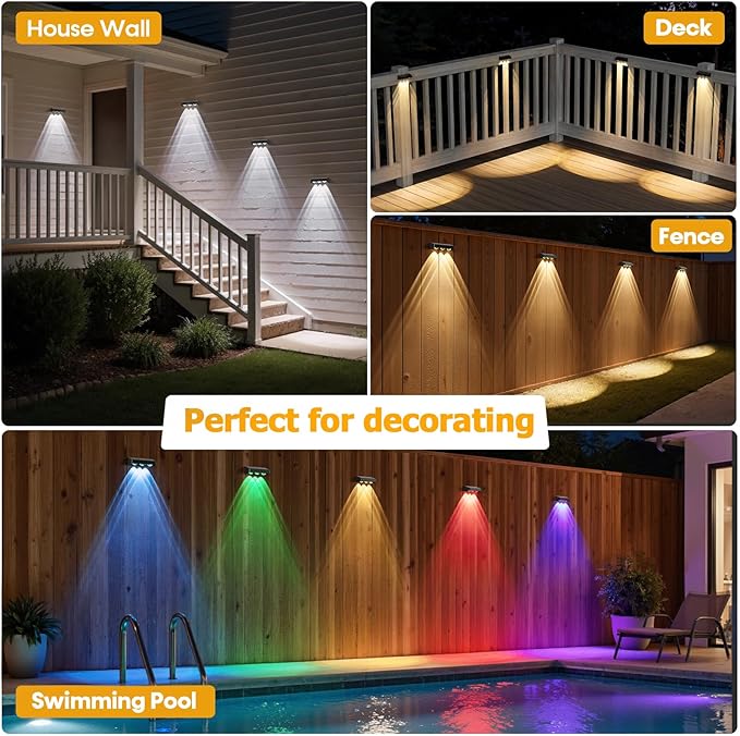 NIORSUN Solar Fence Lights,12 Pack Solars Deck Light,RGB Color,Outdoor Bulb Waterproof Led IP65,Power Patio Lamp with Lenses for Outside/Backyard/Railing/Yard(Black)