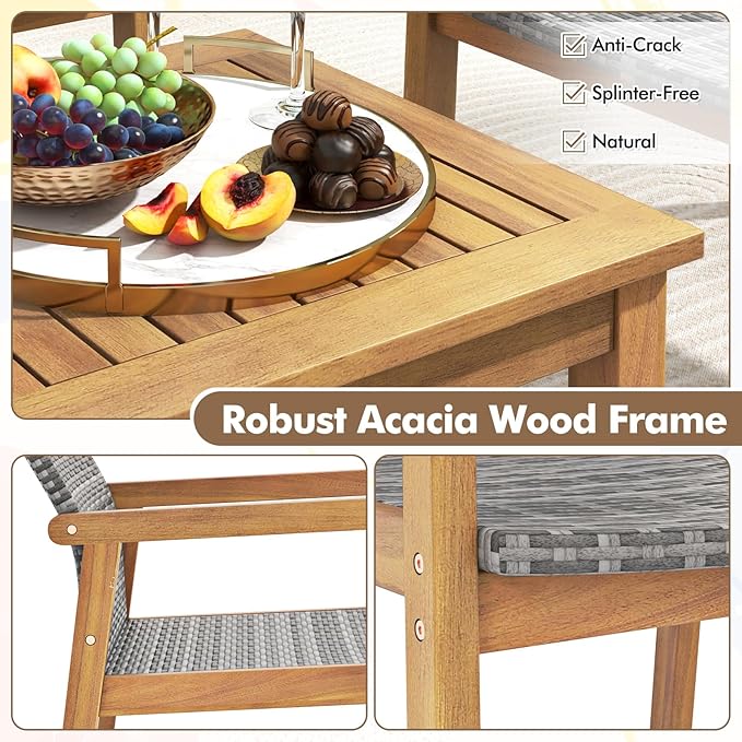 Tangkula 3 Pieces Outdoor Furniture Set, Acacia Wood Frame Sofa Set w/Rattan Seat & Back, Patio Conversation Set w/Coffee Table for Balcony, Poolside, Backyard (Mix Gray)