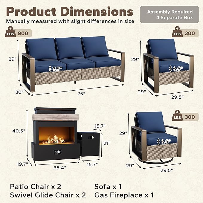 6 Pieces Wicker Patio 75" Sofa Set with 2 Armchairs, 2 Swivel Chairs, Fireplace, All Weather Rattan Outdoor Conversation Furniture Set with Metal Armrest & Removable Cushions for Deck, Dark Blue