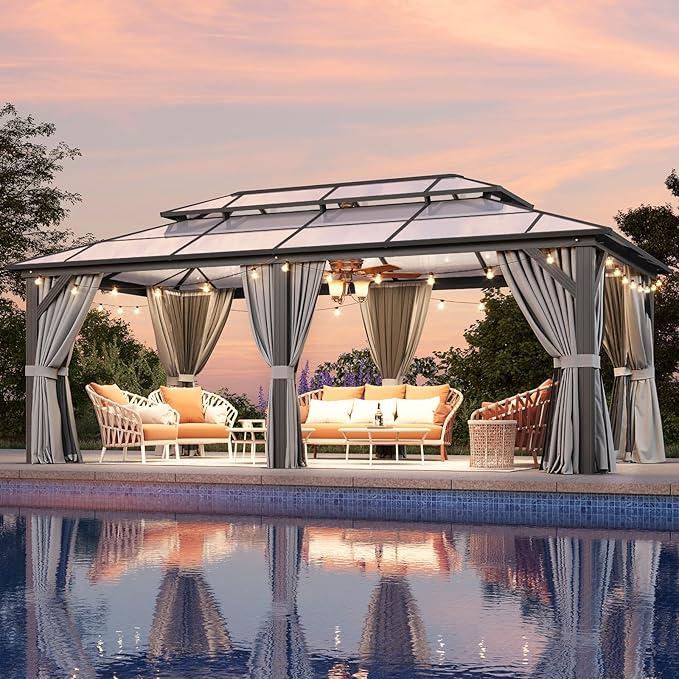 Aoxun 12'x20' Hardtop Gazebo, Outdoor Metal Gazebo with Double Polycarbonate Roof Canopy, Permanent Pavilion with Netting and Curtains for Lawn, Garden, Patio (Gray)