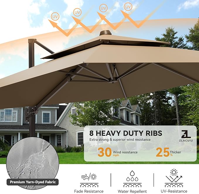 9x12FT Brown Cantilever Outdoor Patio Umbrella with Base, Large Rectangular Offset Design, Double Top Heavy Duty Aluminum Frame & 360° Rotation for Pool Garden Deck Backyard, Beige