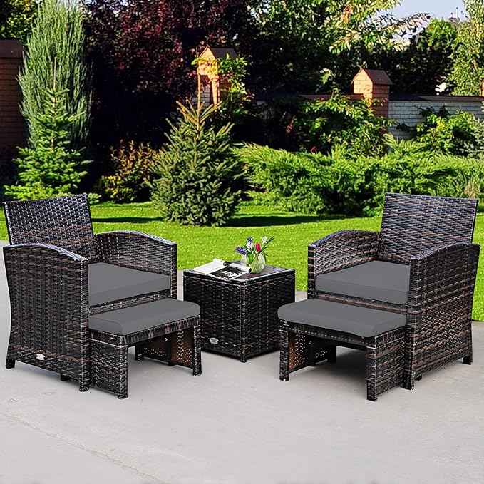 Tangkula 5 Pieces Wicker Patio Conversation Set, PE Rattan Outdoor Chairs & Ottomans Set with Single-Door Storage Coffee Table, Space-Saving Patio Furniture for Poolside, Backyard, Lawn, Deck (Grey)