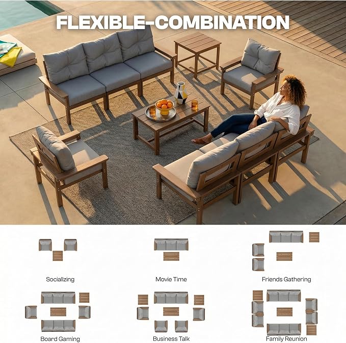 3 Piece Patio Furniture Set, All-Weather HDPE Outdoor Conversation Set with 2 Armchairs and 1 Side Table, Heavy Duty Porch Bistro Set for Garden & Balcony, Natural Teak