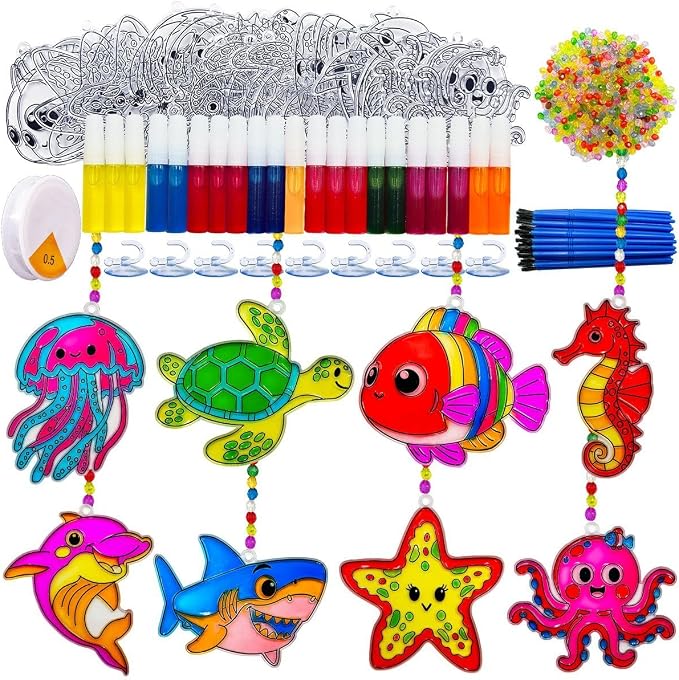 AUEKIV 32 Sets Summer Ocean Beach Suncatchers Window Art DIY Kits Sea Animals Sun Catcher Paint Your Own Crafts Window Hanging Ornaments for Home Activity Art Project Birthday Party Favors