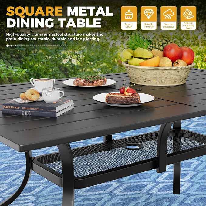 Incbruce 8 Pieces Patio Dining Set with Sky Blue Umbrella, Outdoor Dining Set of 6 Textilene Chairs and Rectangle Table with Umbrella Hole for Backyard, Garden, and Poolside (Blue)