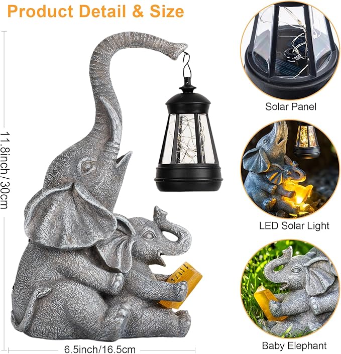 Candieslife Solar Garden Statue Lights Loving Elephants Figurine with Solar Lantern, Outdoor Yard Decorations for Patio Porch Home, Housewarming Elephant Gifts for Mom, Women