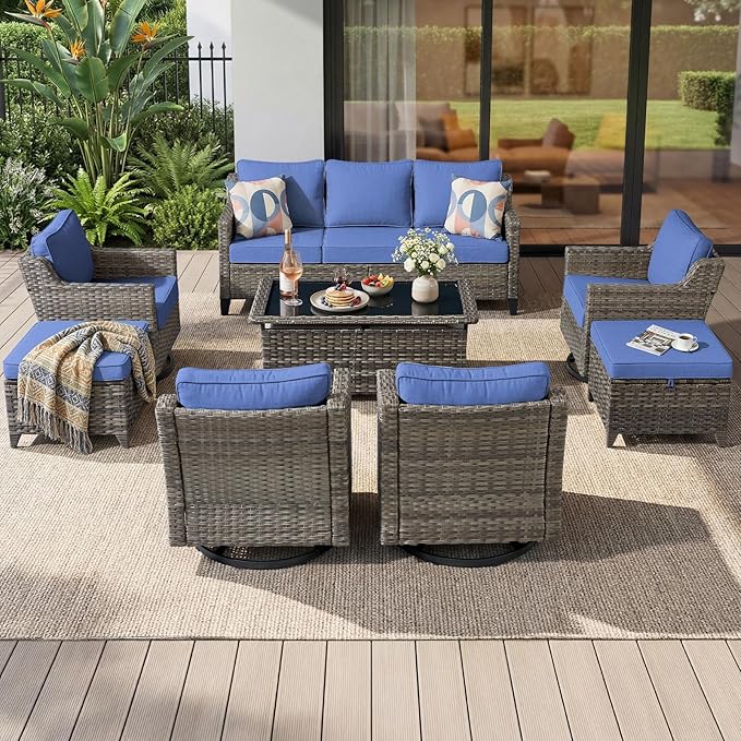 Luxury Patio Furniture sofa Set - 8 Pieces All Weather Wicker Outdoor Couch and High Back Swivel Rocker Patio Chairs with Glass coffee table for Deck Yard and Poolside Gray Wicker | Blue Cushions