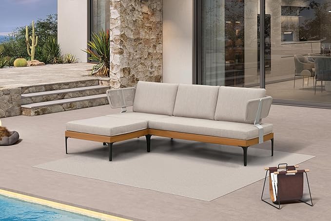 PURPLE LEAF Patio Furniture Set Outdoor Sectional Sofa with Cushions and Pillows Wicker L-Shaped 4 Pieces Aluminum Conversation Sets with Ottoman for Balcony Yard Garden Poolside, Oatmeal Greige