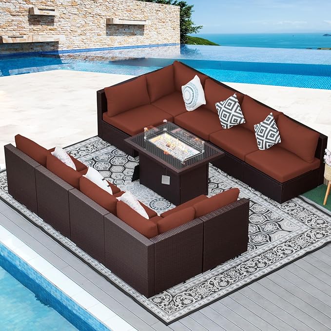 NICESOUL 11 Piece Outdoor Furniture Set with Firepit, Luxury 10-Person Patio Sectional Sets, 29.3'' High-Back Backyard Seating, All-Weather Rattan Couch Sofa for Outside, Deck, Brown & Red