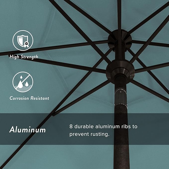 California Umbrella 9' Round Aluminum Market Umbrella, Crank Lift, Push Button Tilt, Bronze Pole