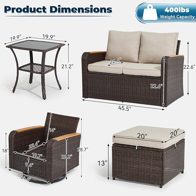 6 Pieces Outdoor Furniture Set with Swivel Chairs, Wicker Patio Furniture for Porch Deck Bistro Lawn Garden Backyard Poolside-Khaki