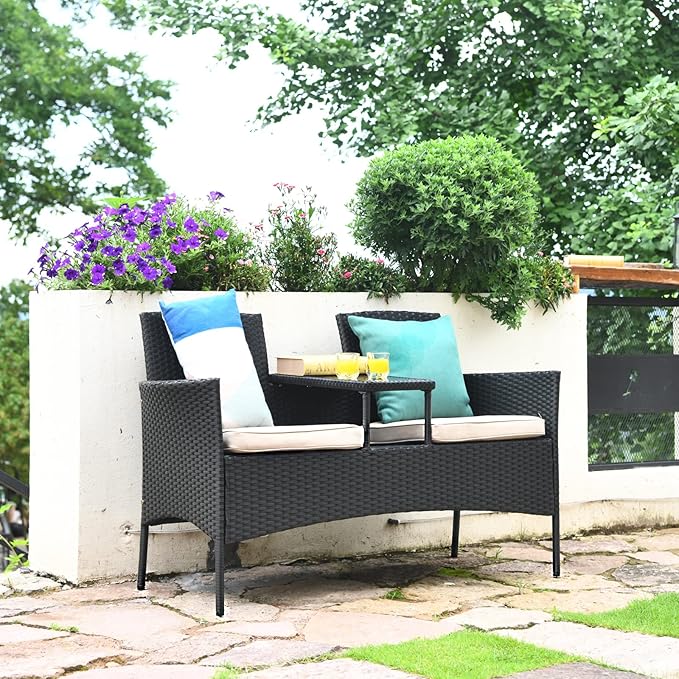 Outdoor Love Seat Set Patio Conversation Set with Cushion & Built-in Coffee Table, Outdoor Rattan Sofa Furniture Set for Garden, Lawn, Backyard (Beige)