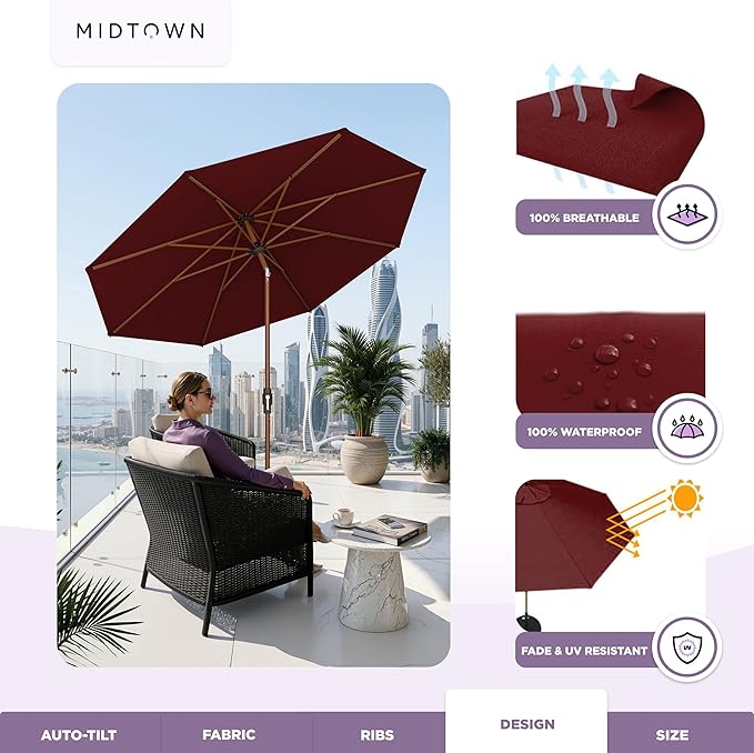 Midtown Umbrellas Wooden 2-8 Ft Patio Umbrella with 360° Swivel & Tilt Mechanism, 8 Fiberglass Ribs & Sunbrella Fabric - Outdoor Umbrella for Deck, Pool & Garden - Burgundy Canopy, Wooden Pole