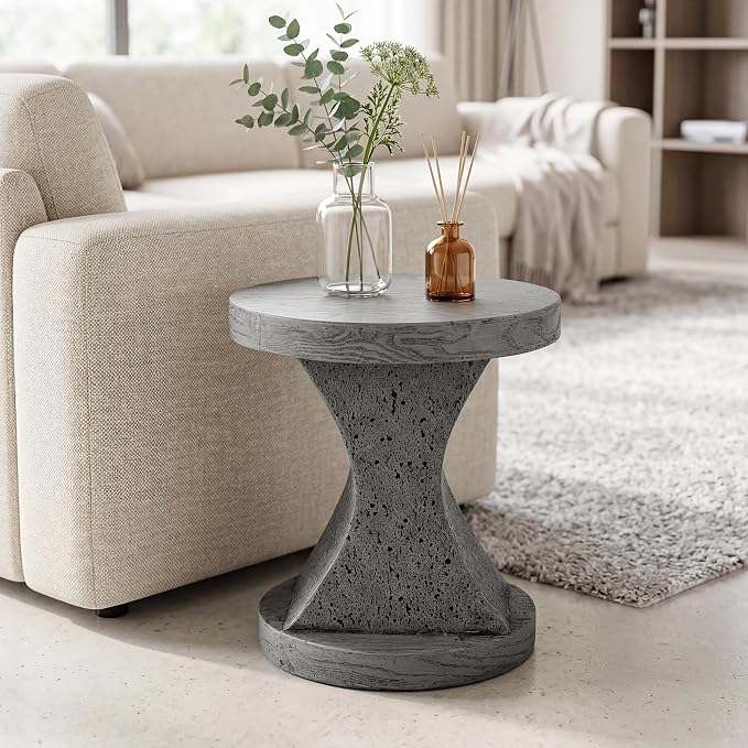 SUNBURY Outdoor Side Table Medium, 20" H Hourglass Design Outdoor Accent End Table, Patio Side Tables, Outside Coffee Tables, Concrete Garden Stool End Table for Living Room, and Backyard, Grey