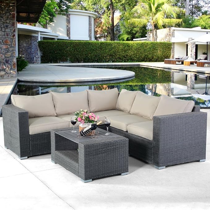 Tangkula Outdoor Furniture 4 Piece, Sectional Sofa with Coffee Table All-Weather Proof Heavy Duty Steel Frame Couch Set for Garden, Balcony, Poolside, Patio, Grey Conversation Set