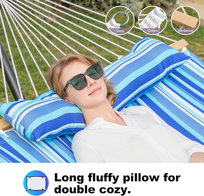 2 Person Hammock with Stand for Outside, 12ft Heavy Duty Steel Stand, Double Hammocks with Hardwood Spreader Bar, Large Removable Pillow, Side Pockets, Max 475 lbs Capacity (Ocean Blue)