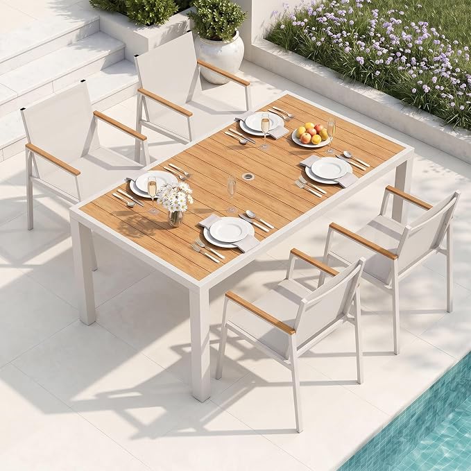 Outdoor Dining Set for 4, Aluminum Patio Table and Chairs Set, 5-Piece All Weather Patio Dining Furniture Set with Umbrella Hole for Backyard, Deck, Poolside (White-Teak)