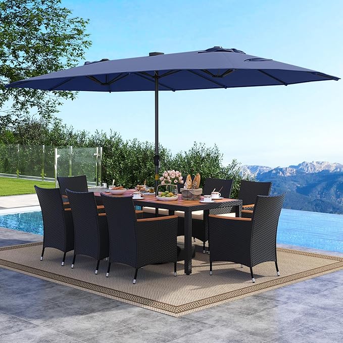 Tangkula 11 Pieces Patio Dining Set with Double-Sided Led Patio Umbrella (Base Included), with 8 Stackable Chairs, Acacia Wood Dining Table and Large Umbrella with Solar Lights (Navy + Off White)