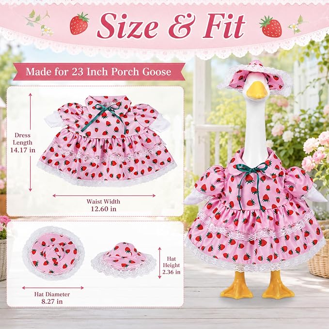 23 Inch Summer Strawberry Porch Goose Outfit, Pink Countryside Dress with Sun Hat, Seasonal Decorative Goose Clothes for Yard Lawn Patio Decor