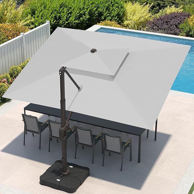 9x12 FT Cantilever Patio Umbrella with Led Lights Double Top Outdoor Rectangular Large Heavy Duty Aluminum Offset Umbrellas with 7 Level Tilt 360-degree Rotation for Pool Garden Deck, Fog Grey