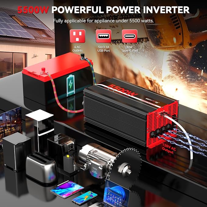 5500W Power Inverter 12V DC to 120V AC, 11000W Peak Off-Grid Solar Converter for 12V Battery Bank, RV, Truck & Home Backup Power System, 4 AC Outlets, USB & Type-C Port, LCD Remote Controller