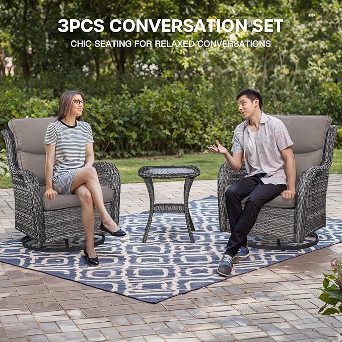 Patio Swivel Chairs with Smile-Shaped Cushions, 3 Piece High Back Patio Swivel Glider Chairs with Side Table 3PCS PE Rattan Luxury Swivel Patio Chair Set | Grey Wicker - Grey Cushions